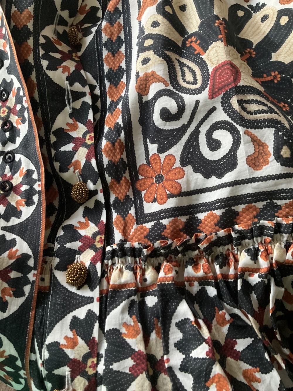 Farm Rio Ivory printed cotton-blend round collar Flower Fan Tapestry belted mini - Picture 6 of 7